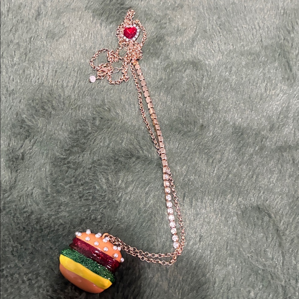 Women’s Rose Gold Hamburger Pendant Necklace with Red Heart Accent